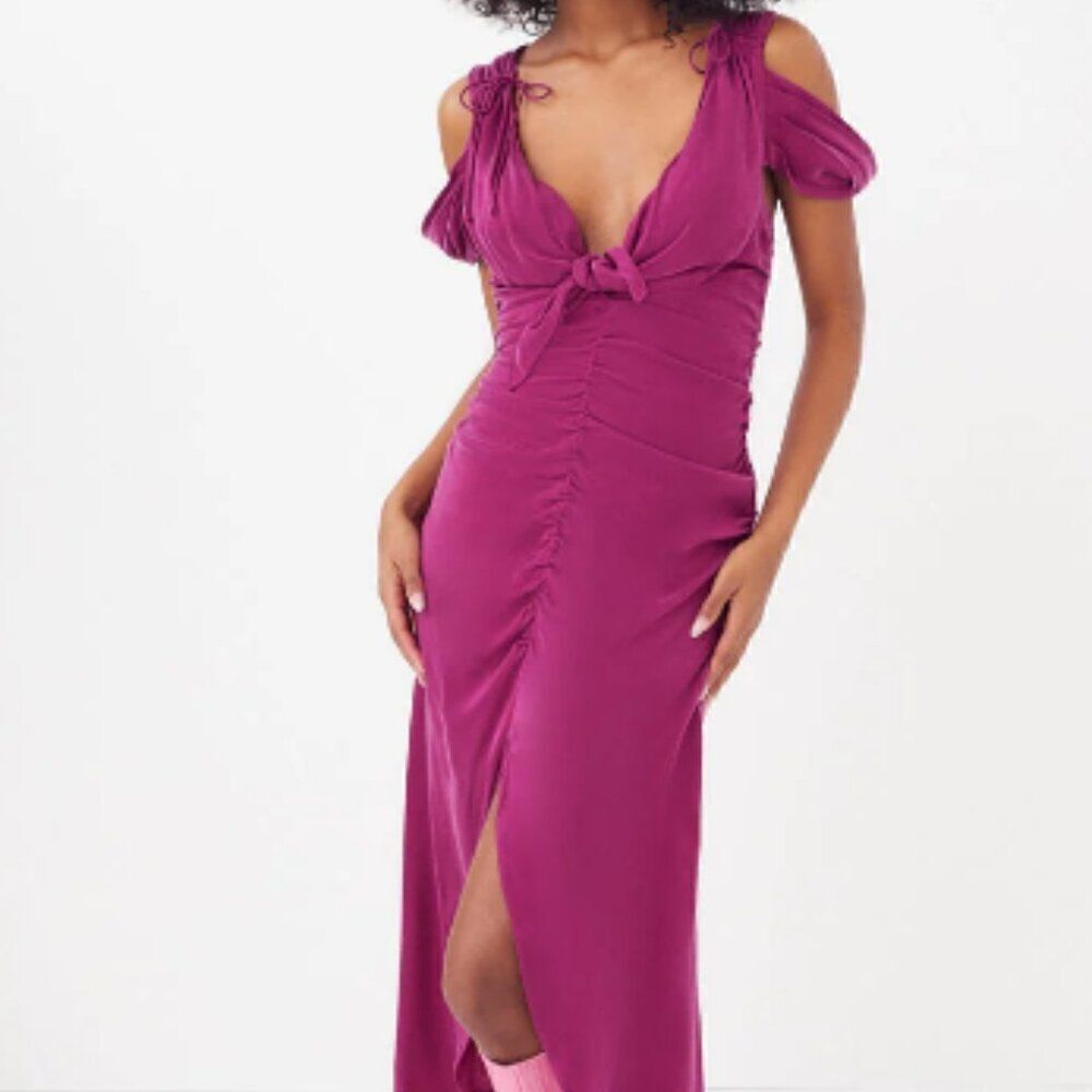 For Love & Lemons Beth Midi Dress Dark Magenta Pink w Draped Sleeves Large NWT - Picture 3 of 12